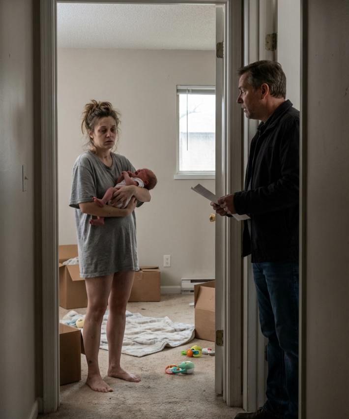 Lementem a lépcsőn, hogy késői bérleti értesítést tegyenek. Ehelyett egy új anyát találtam, aki egy sikoltozó babát ringatott egy üres lakásban – és valami eltört bennem.